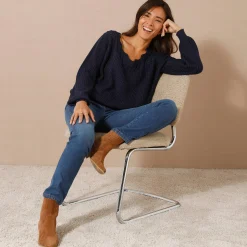 Trui En Vest<Blancheporte Trui met ajourdetails, pareltricot marine