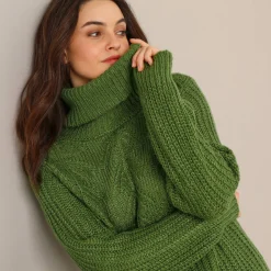 Trui En Vest<Blancheporte Trui met bolkraag, Engelse steek mosgroen