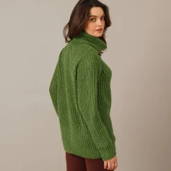 Trui En Vest<Blancheporte Trui met bolkraag, Engelse steek mosgroen