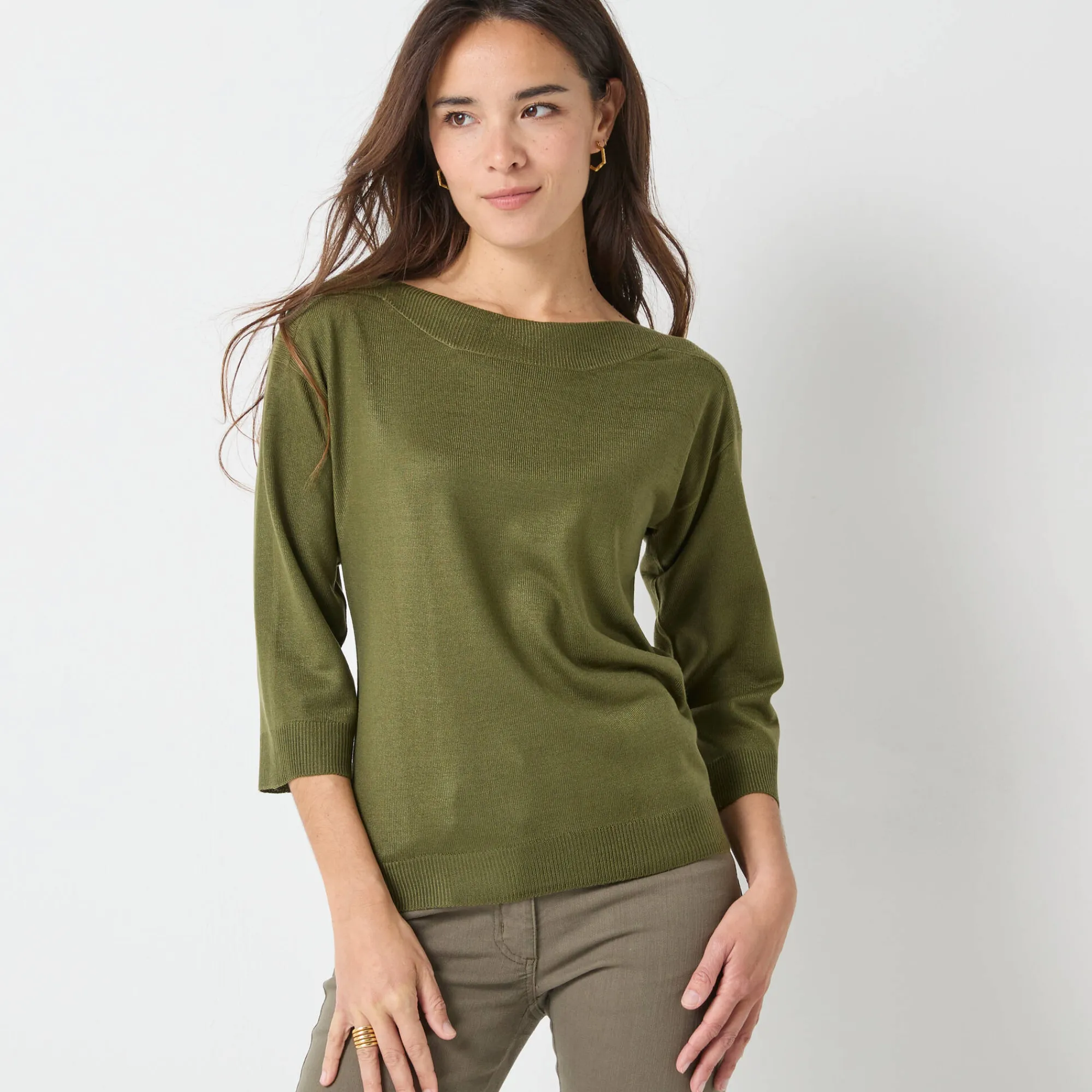 Trui En Vest<Blancheporte Trui met boothals en 3/4-mouwen, kasjmiertouch kaki