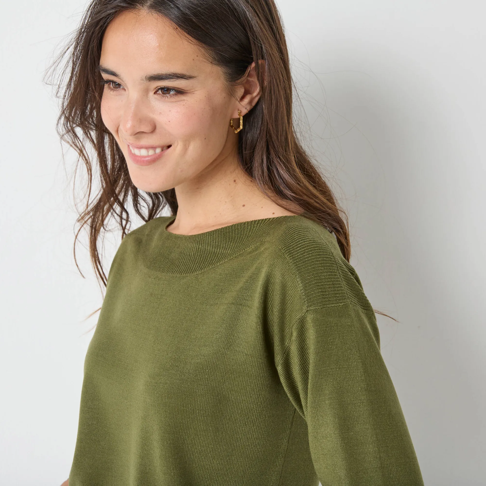 Trui En Vest<Blancheporte Trui met boothals en 3/4-mouwen, kasjmiertouch kaki