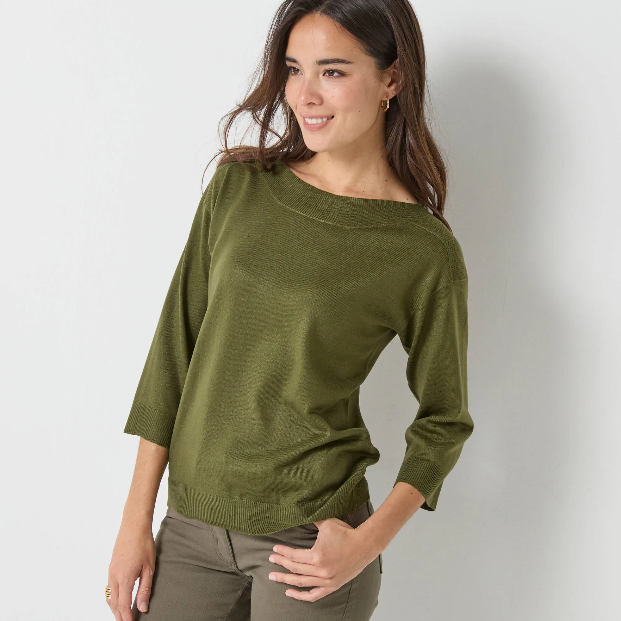 Trui En Vest<Blancheporte Trui met boothals en 3/4-mouwen, kasjmiertouch kaki