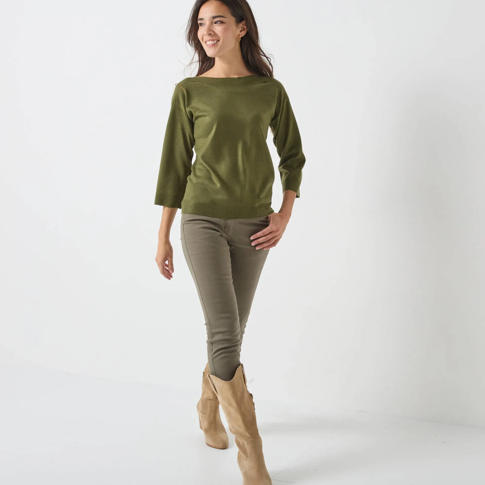 Trui En Vest<Blancheporte Trui met boothals en 3/4-mouwen, kasjmiertouch kaki