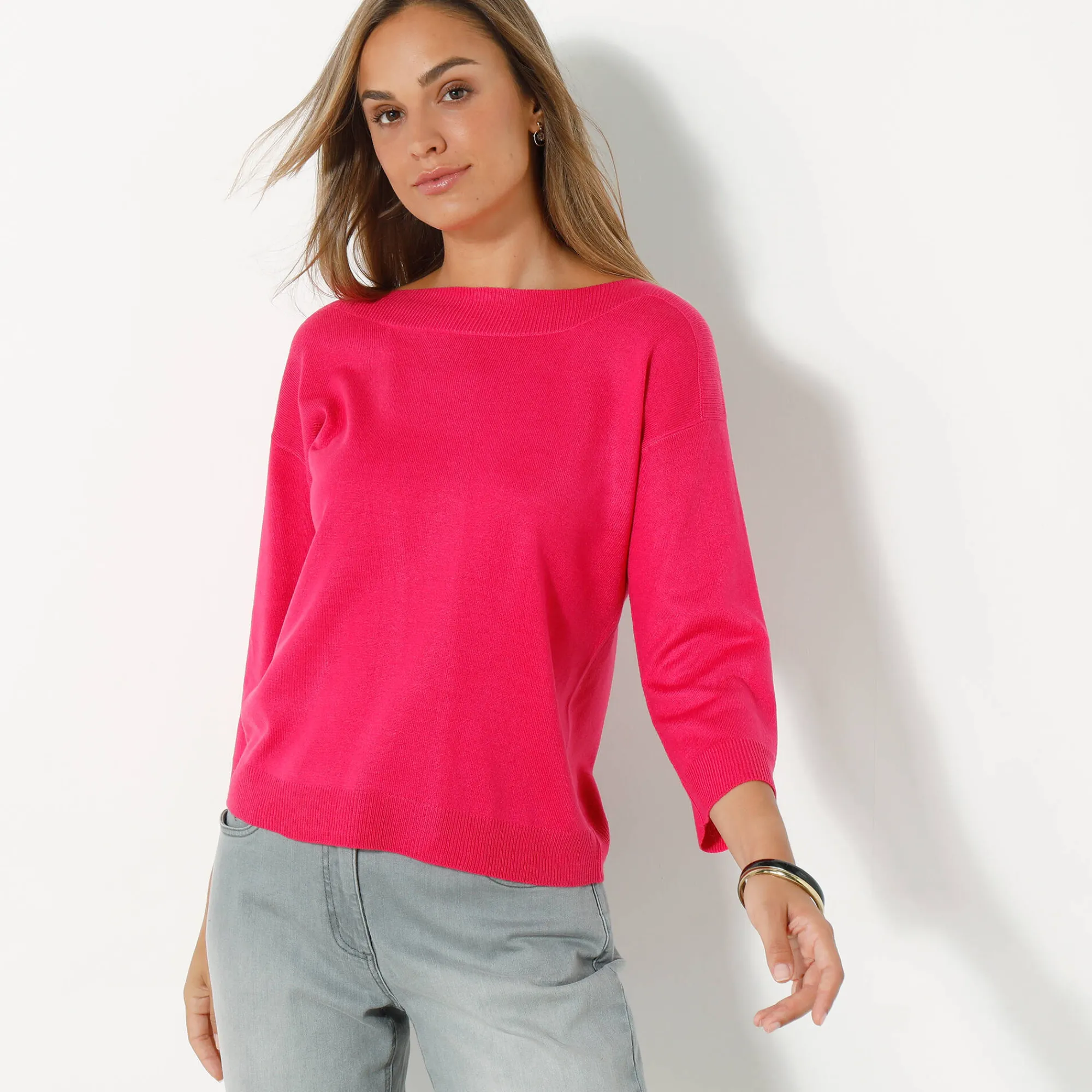Trui En Vest<Blancheporte Trui met boothals en 3/4-mouwen, kasjmiertouch fuchsiaroze