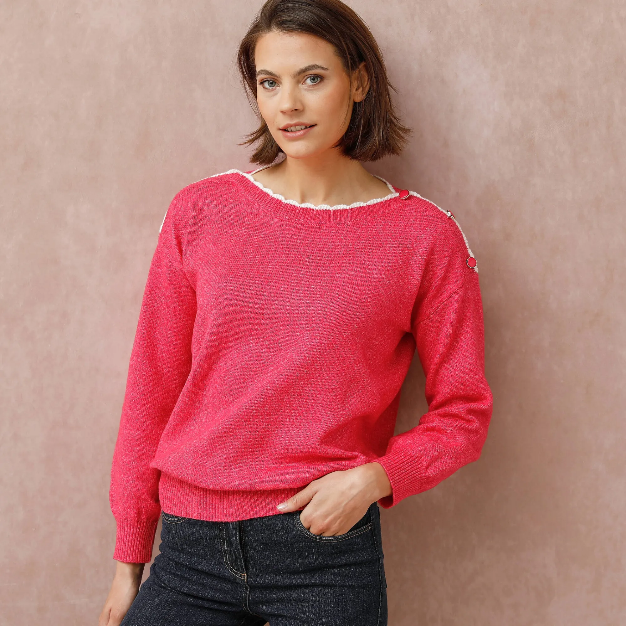 Trui En Vest<Blancheporte Trui met boothals, streelzacht tricot felroze