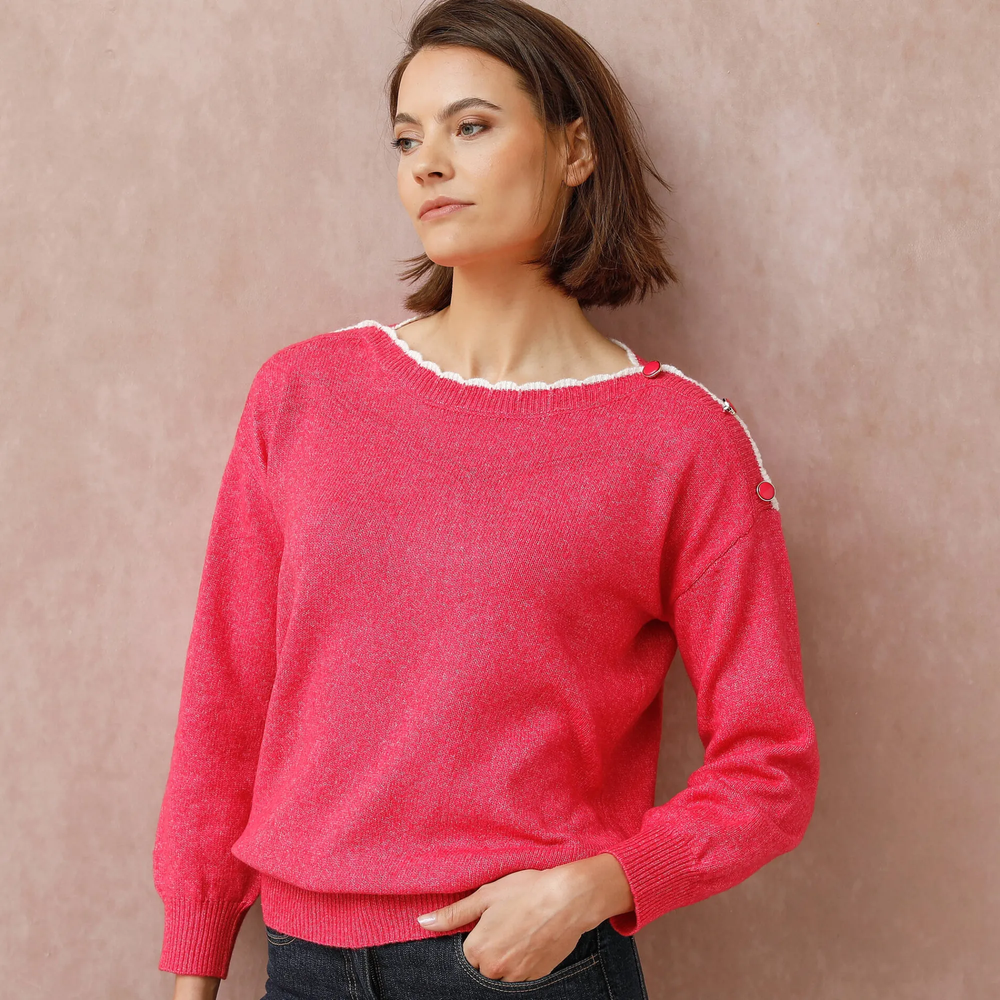 Trui En Vest<Blancheporte Trui met boothals, streelzacht tricot felroze