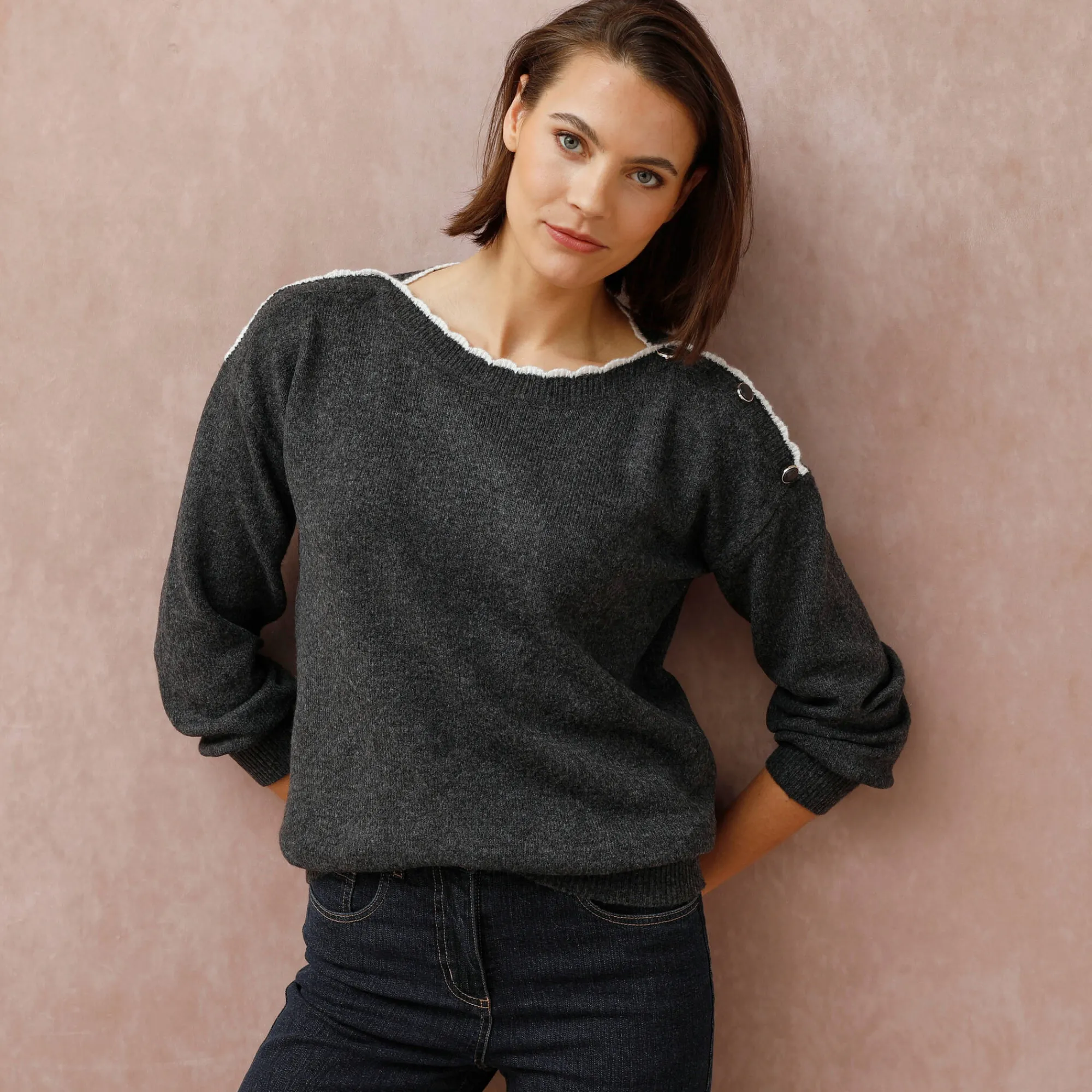 Trui En Vest<Blancheporte Trui met boothals, streelzacht tricot chiné antraciet