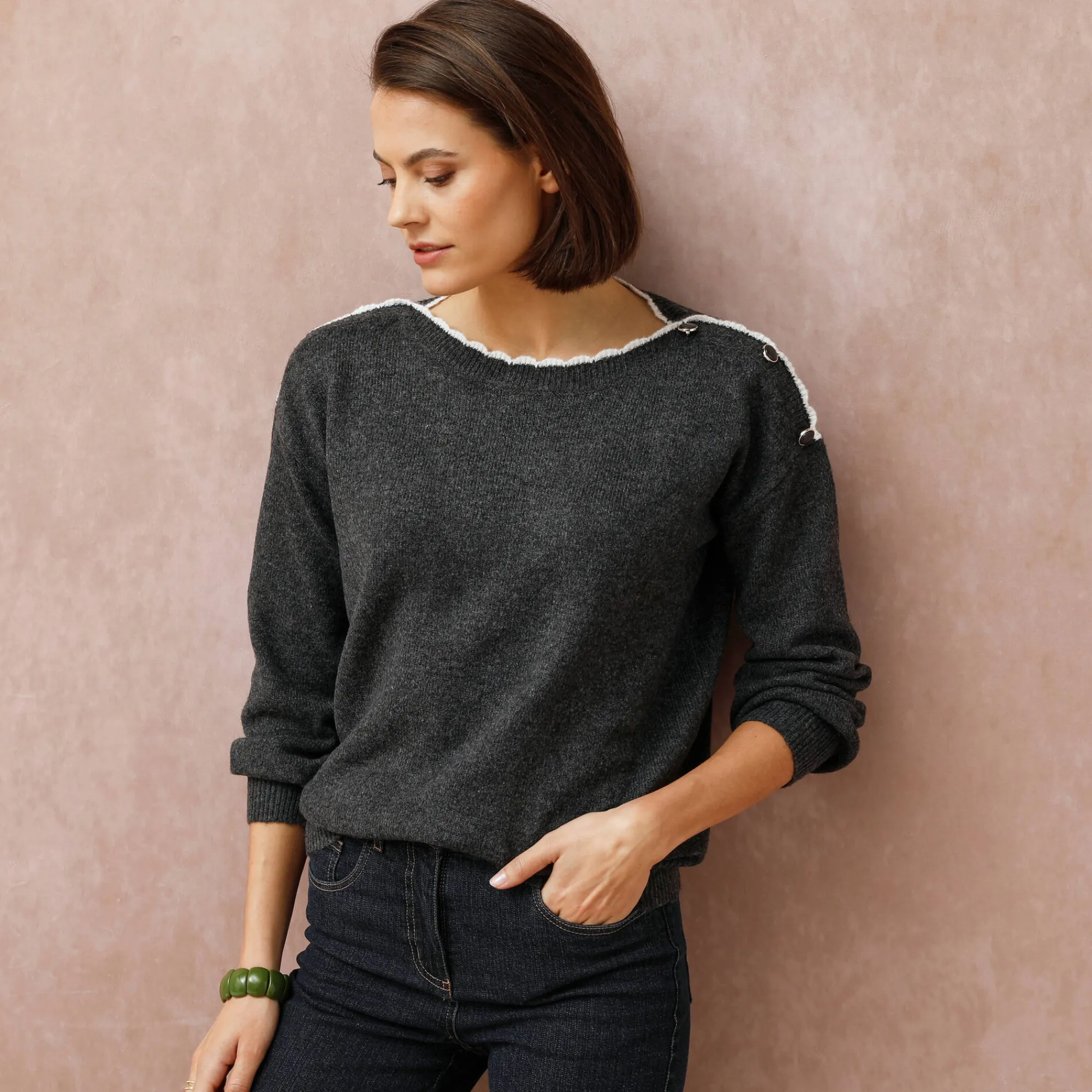 Trui En Vest<Blancheporte Trui met boothals, streelzacht tricot chiné antraciet