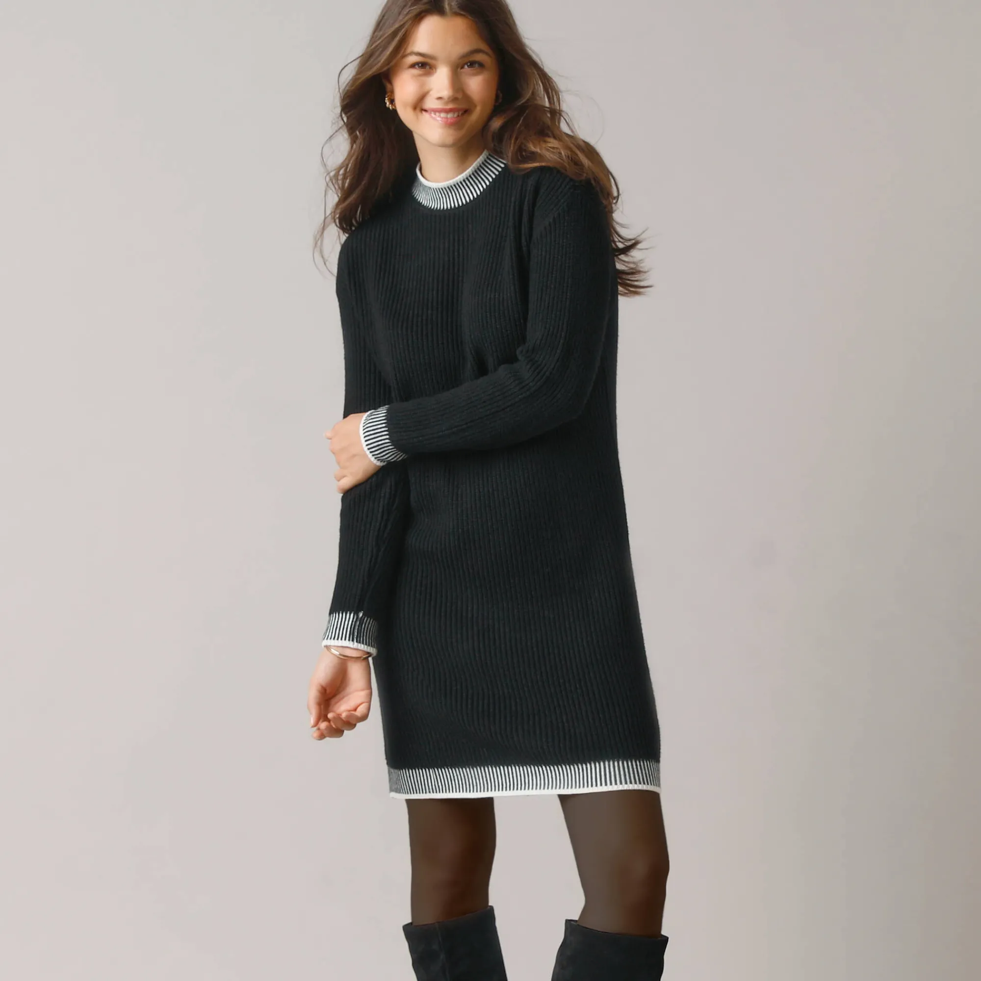 Jurk<Blancheporte Trui met contrasterende details, geribbelde boord zwart / ecru