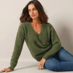 Trui En Vest<Blancheporte Trui met decolleté aan de achterkant en strikbandjes, harige tricot lindegroen