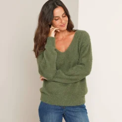 Trui En Vest<Blancheporte Trui met decolleté aan de achterkant en strikbandjes, harige tricot lindegroen