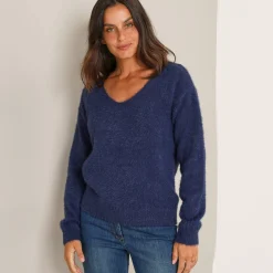 Trui En Vest<Blancheporte Trui met decolleté aan de achterkant en strikbandjes, harige tricot marine