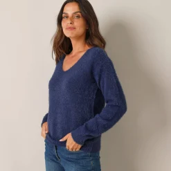 Trui En Vest<Blancheporte Trui met decolleté aan de achterkant en strikbandjes, harige tricot marine