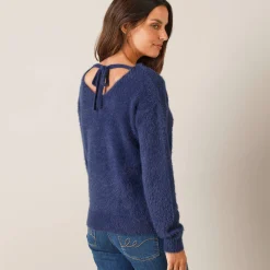 Trui En Vest<Blancheporte Trui met decolleté aan de achterkant en strikbandjes, harige tricot marine