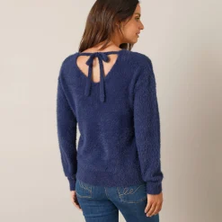 Trui En Vest<Blancheporte Trui met decolleté aan de achterkant en strikbandjes, harige tricot marine