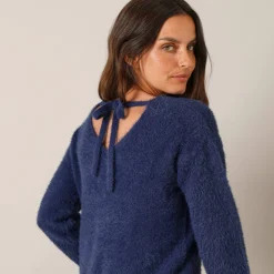 Trui En Vest<Blancheporte Trui met decolleté aan de achterkant en strikbandjes, harige tricot marine