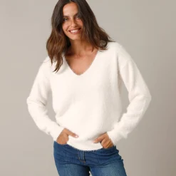 Trui En Vest<Blancheporte Trui met decolleté aan de achterkant en strikbandjes, harige tricot ecru