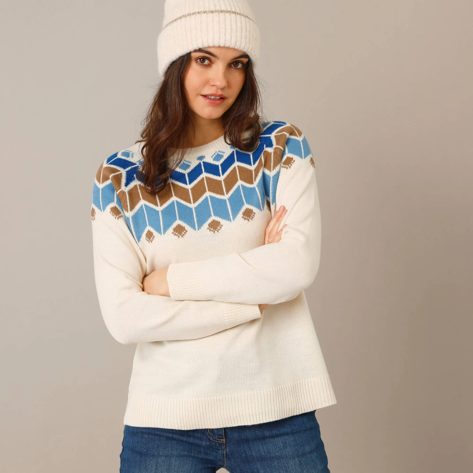 Trui En Vest<Blancheporte Trui met decolleté in jacquard ecru / blauw