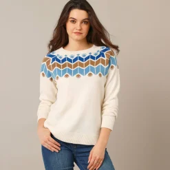 Trui En Vest<Blancheporte Trui met decolleté in jacquard ecru / blauw