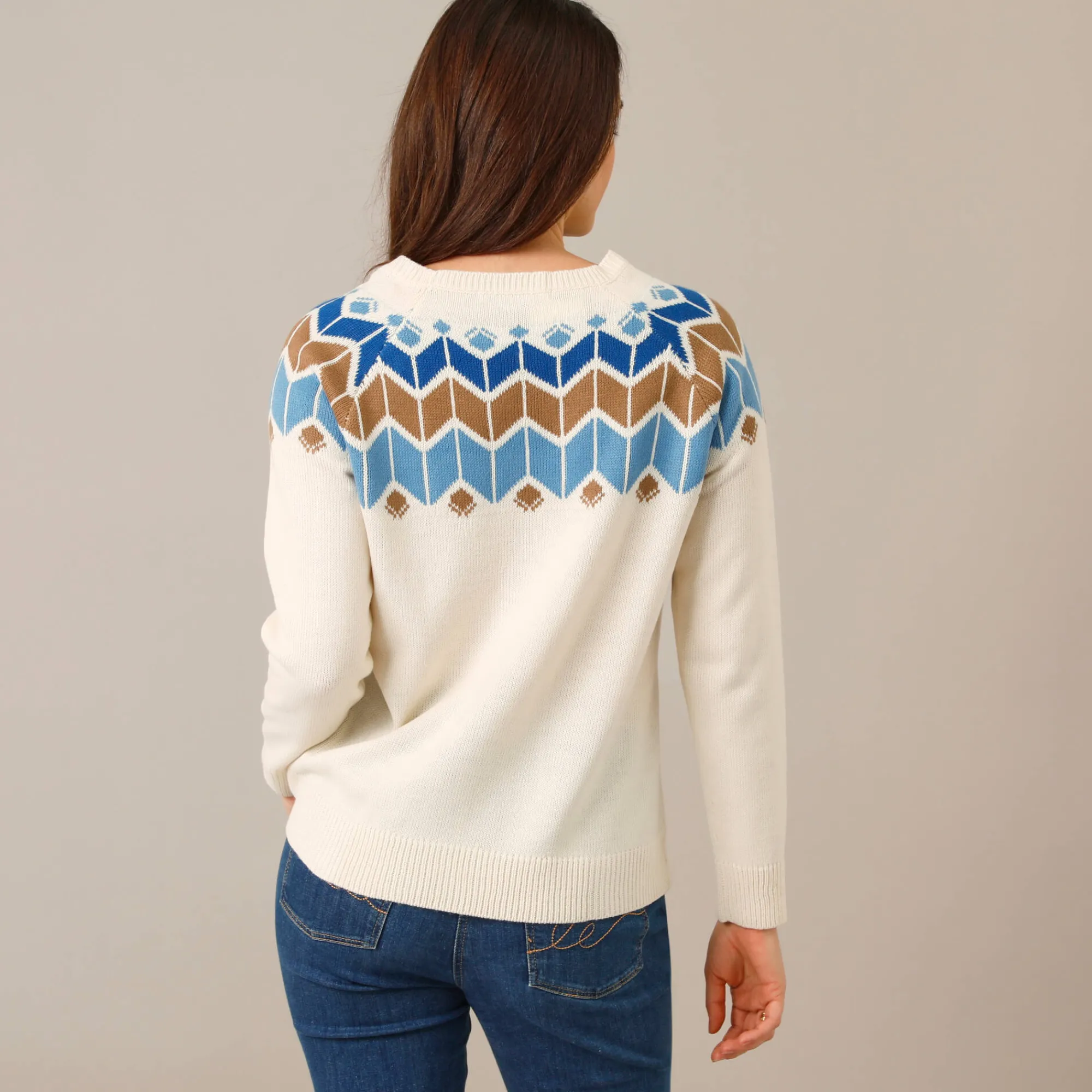 Trui En Vest<Blancheporte Trui met decolleté in jacquard ecru / blauw