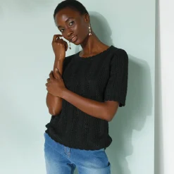 Trui En Vest<Blancheporte Trui met festonafwerking en korte mouwen, fantasie ajourtricot zwart