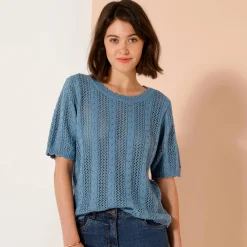 Trui En Vest<Blancheporte Trui met festonafwerking en korte mouwen, fantasie ajourtricot jeansblauw