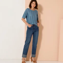 Trui En Vest<Blancheporte Trui met festonafwerking en korte mouwen, fantasie ajourtricot jeansblauw