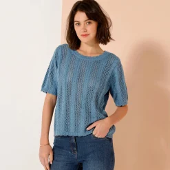 Trui En Vest<Blancheporte Trui met festonafwerking en korte mouwen, fantasie ajourtricot jeansblauw