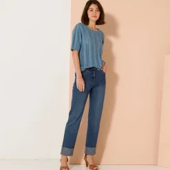 Trui En Vest<Blancheporte Trui met festonafwerking en korte mouwen, fantasie ajourtricot jeansblauw