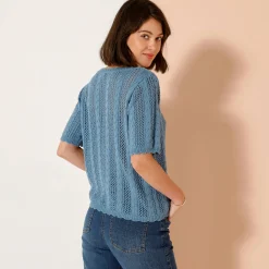 Trui En Vest<Blancheporte Trui met festonafwerking en korte mouwen, fantasie ajourtricot jeansblauw