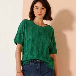 Trui En Vest<Blancheporte Trui met festonafwerking en korte mouwen, fantasie ajourtricot groen