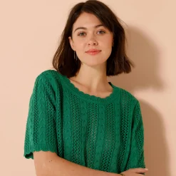 Trui En Vest<Blancheporte Trui met festonafwerking en korte mouwen, fantasie ajourtricot groen