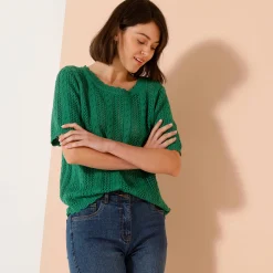 Trui En Vest<Blancheporte Trui met festonafwerking en korte mouwen, fantasie ajourtricot groen