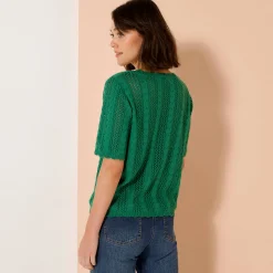 Trui En Vest<Blancheporte Trui met festonafwerking en korte mouwen, fantasie ajourtricot groen