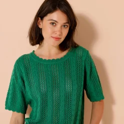 Trui En Vest<Blancheporte Trui met festonafwerking en korte mouwen, fantasie ajourtricot groen