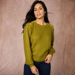 Trui En Vest<Blancheporte Trui met goudkleurige knopen, patenttricot mosgroen