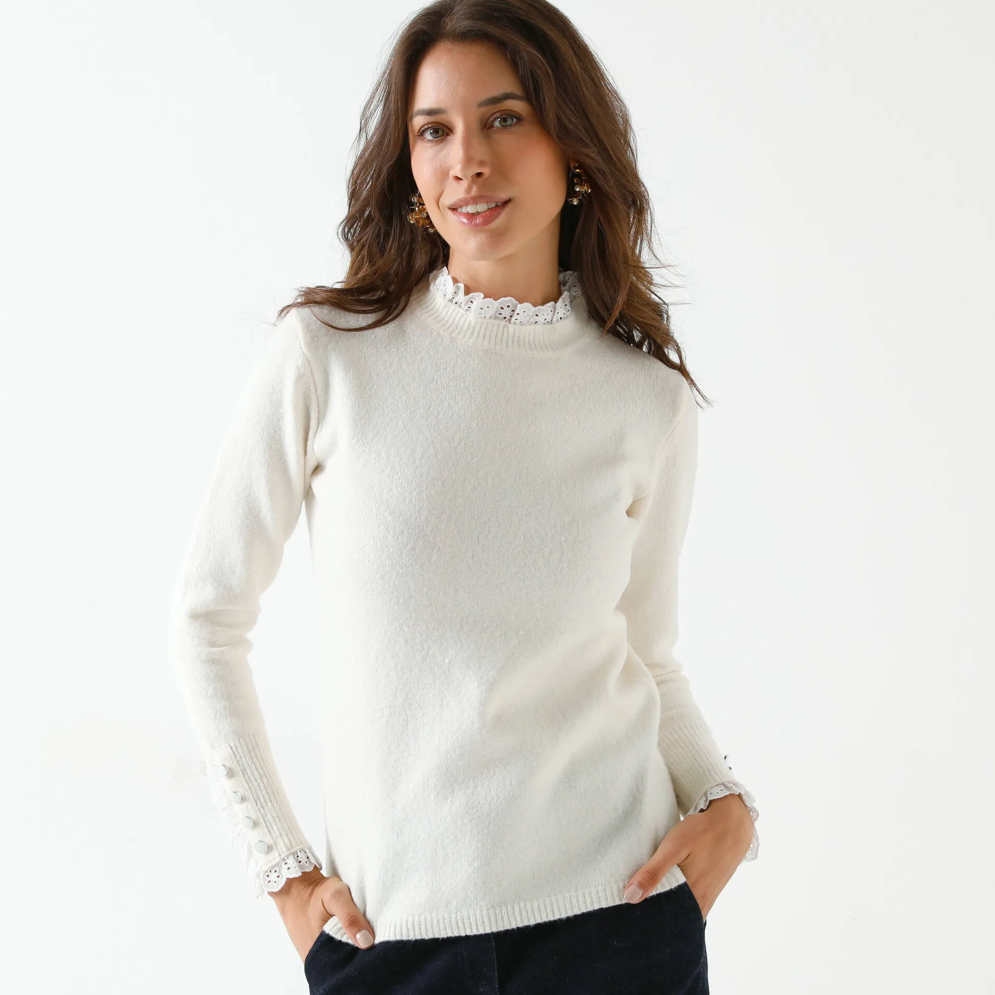 Trui En Vest<Blancheporte Trui met 2-in-1 effect, details in broderie anglaise ecru
