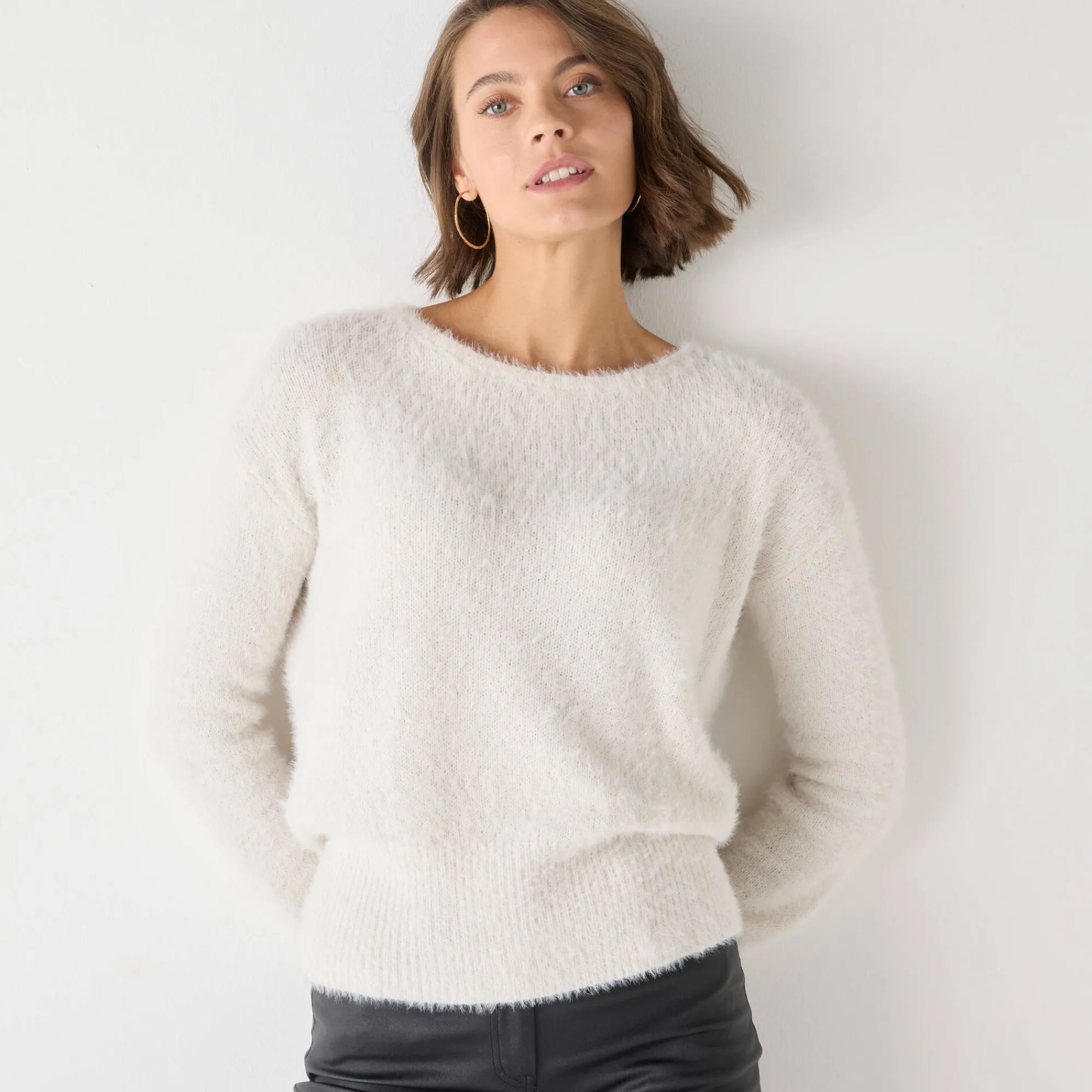 Feestoutfits Dames|Trui En Vest<Blancheporte Trui met kanten rug, in harig tricot ivoorkleur