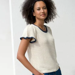 Trui En Vest<Blancheporte Trui met korte mouwen, fantasietricot ecru / marine