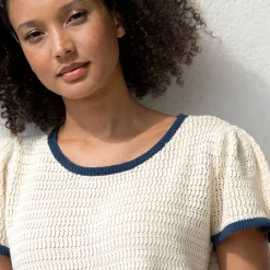 Trui En Vest<Blancheporte Trui met korte mouwen, fantasietricot ecru / marine