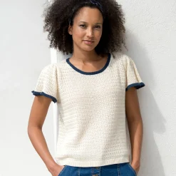 Trui En Vest<Blancheporte Trui met korte mouwen, fantasietricot ecru / marine