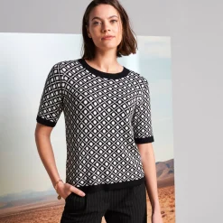 Trui En Vest<Blancheporte Trui met korte mouwen, grafisch jacquardmotief zwart / ecru