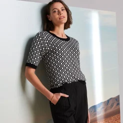 Trui En Vest<Blancheporte Trui met korte mouwen, grafisch jacquardmotief zwart / ecru