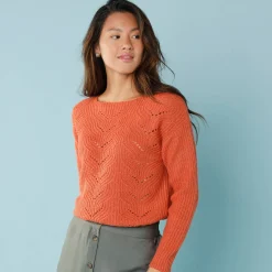 Trui En Vest<Blancheporte Trui met lange mouwen en ronde hals, pareltricot, speciaal voor kleine lengtes paprika