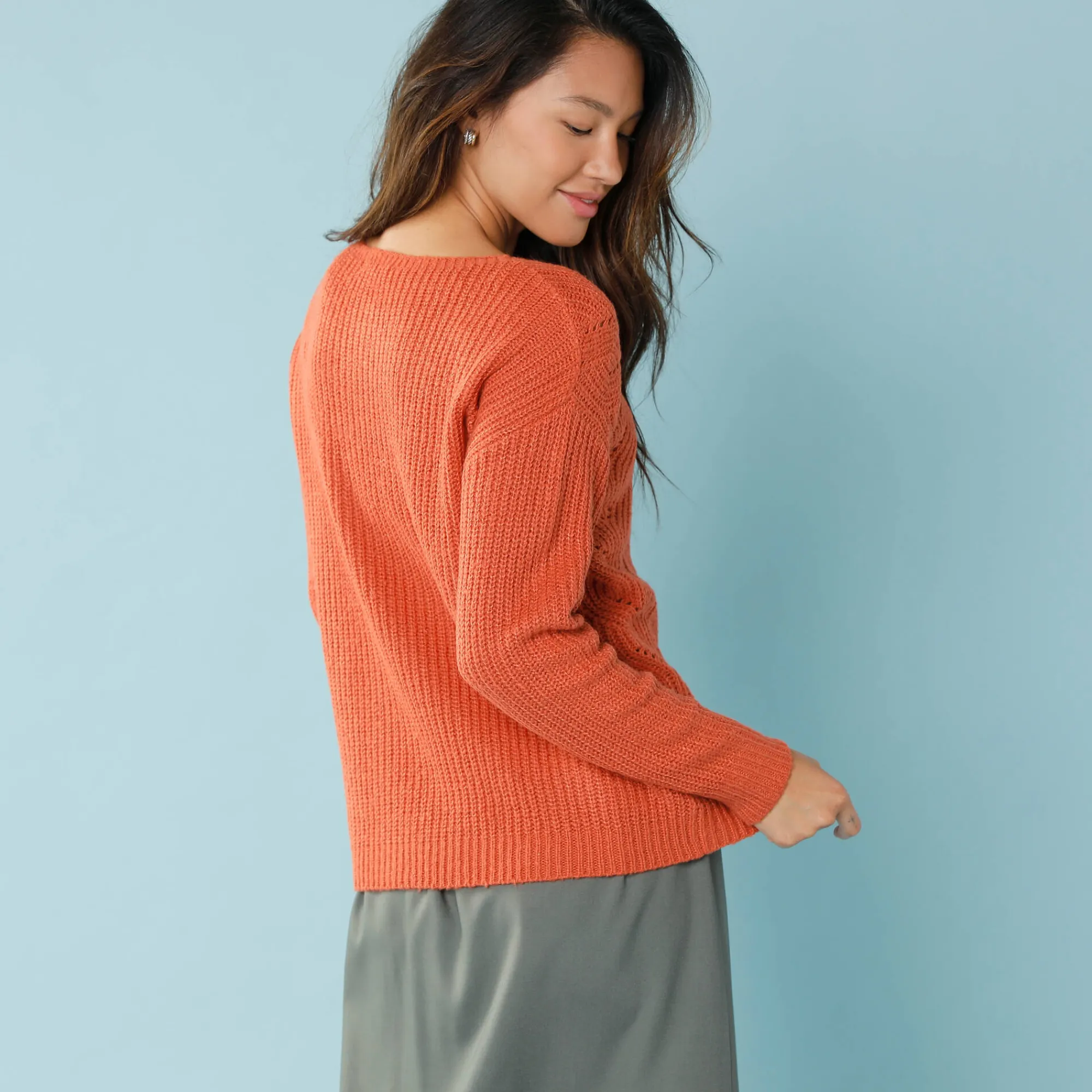 Trui En Vest<Blancheporte Trui met lange mouwen en ronde hals, pareltricot, speciaal voor kleine lengtes paprika