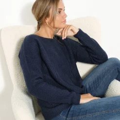 Trui En Vest<Blancheporte Trui met lange mouwen en ronde hals, pareltricot, speciaal voor kleine lengtes marine