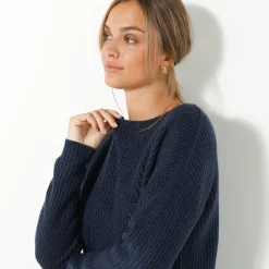 Trui En Vest<Blancheporte Trui met lange mouwen en ronde hals, pareltricot, speciaal voor kleine lengtes marine