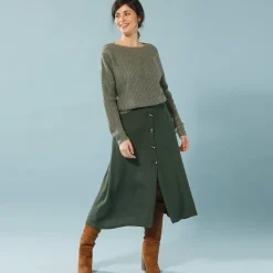 Trui En Vest<Blancheporte Trui met lange mouwen en ronde hals, pareltricot, speciaal voor kleine lengtes kaki