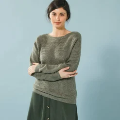 Trui En Vest<Blancheporte Trui met lange mouwen en ronde hals, pareltricot, speciaal voor kleine lengtes kaki