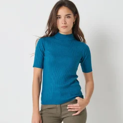 Trui En Vest<Blancheporte Trui met opstaande kraag en korte mouwen eendenblauw